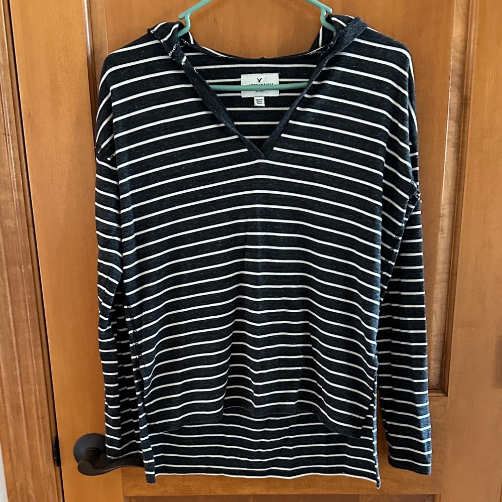 American Eagle Outfitters Gray and White Striped Hooded Top XXS